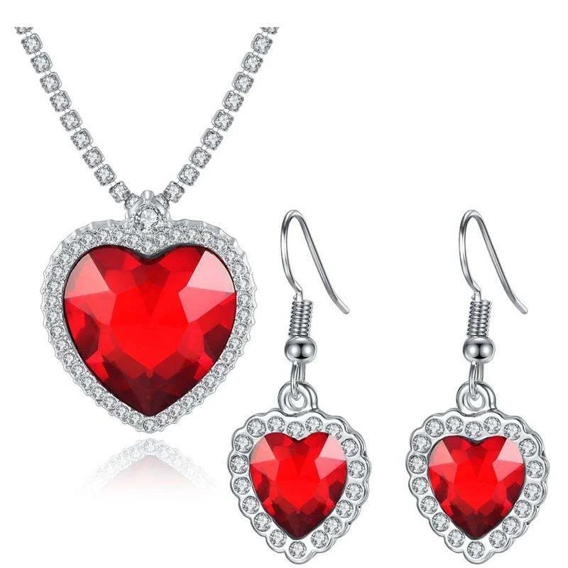 New Titanic Blue Red Necklace+Earrings Ocean Heart  Love Eternal Shining High End Jewelry Bridal Wedding  Set