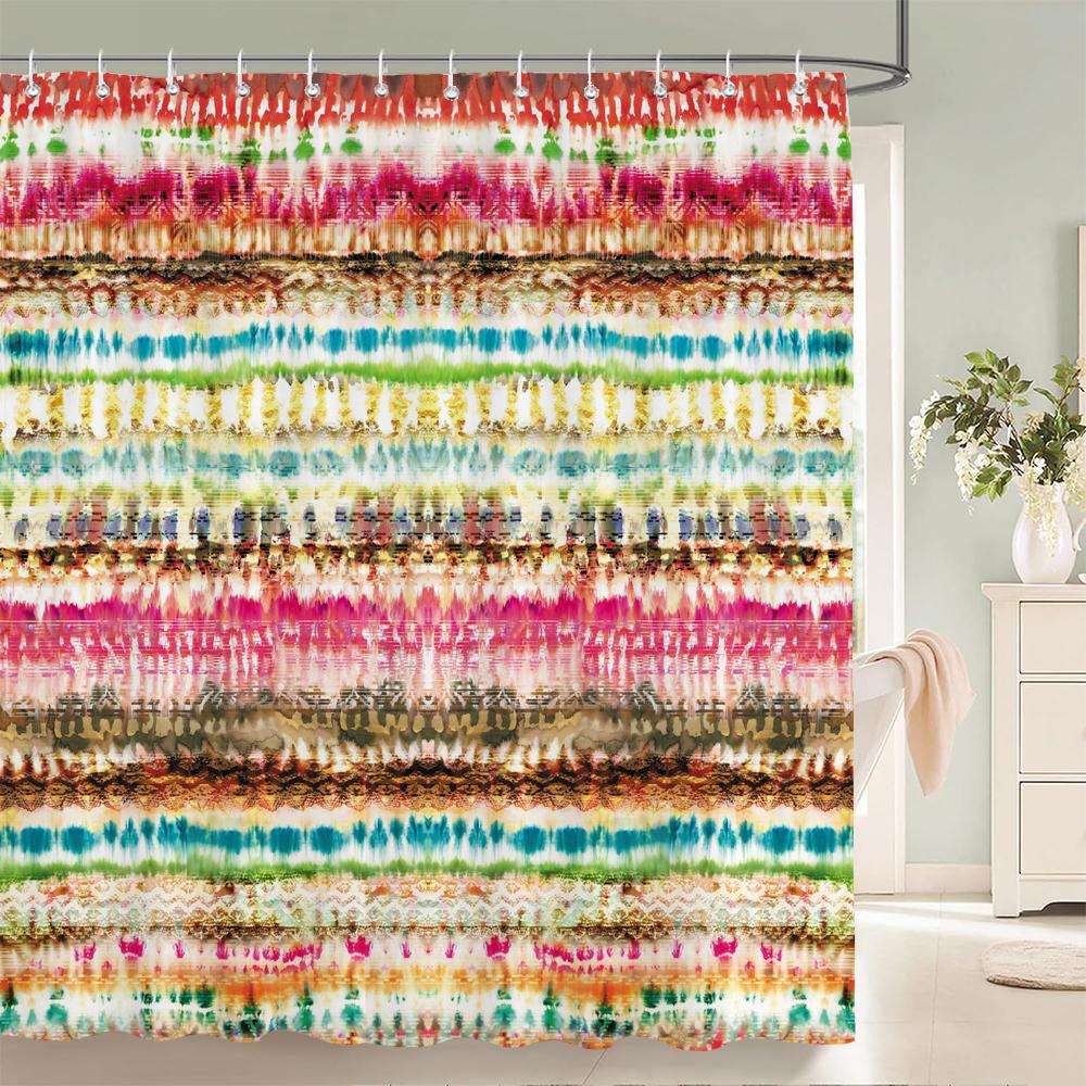 Geometric Stripe Printed Shower Curtain Color Art Polyester Fabric Shower Curtain Home Bathroom Decoration Curtain with Hooks