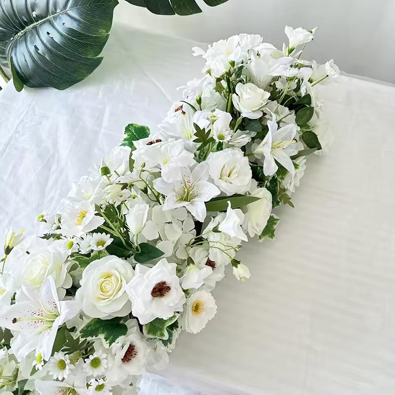 Uflower Atficial White Flower Row Runner Elegant Artificial Center Stage Background for Wedding Party Home Decoration