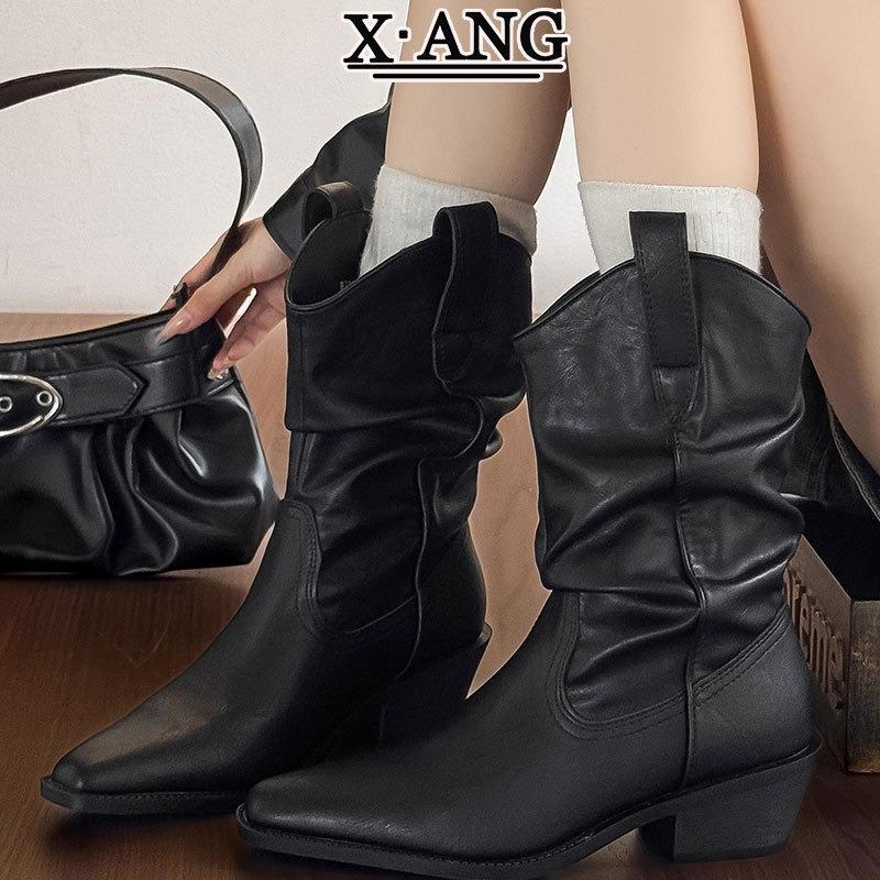 Cowhide Maillard Barn Wind Boots Women's Pointed Heel Pile Boots Medium Boots Western Cowboy Boots Martin Boots