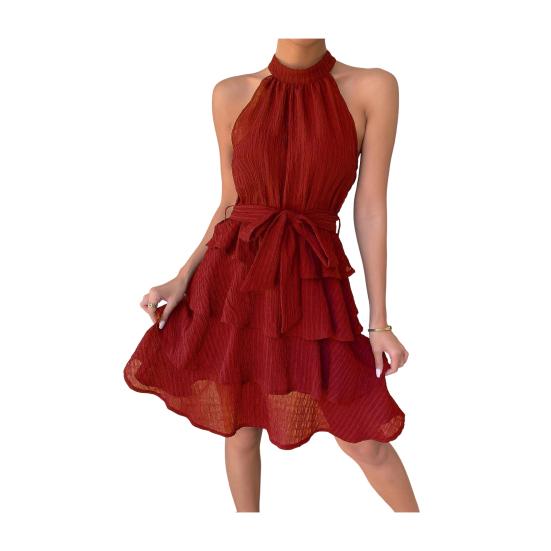 Women Halter Sleeveless Dress Ruffle Layered Swing Dress Loose Lightweight Elegant Solid Color