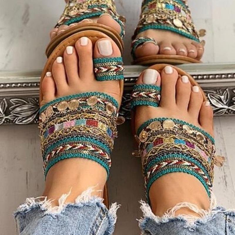 Fashion Summer Plus Size Metal Decorative Sequins Flat Roman Peep Toe Shoes Women's Shoes On Offer