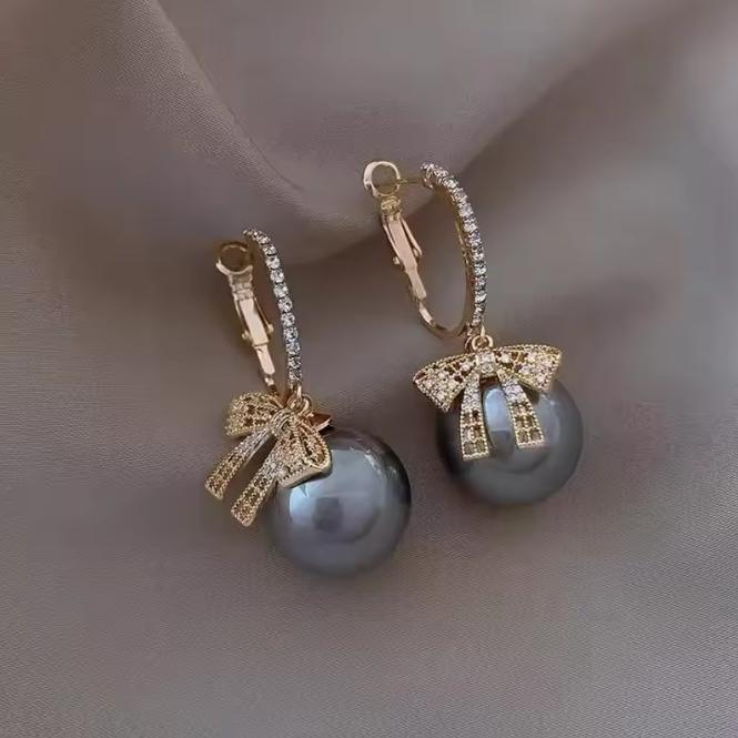 Sparkling Inlaid Zircon Bow Earrings, Red Imitation Pearl Earrings,  Gifts for Girls' New Year's and Christmas Parties