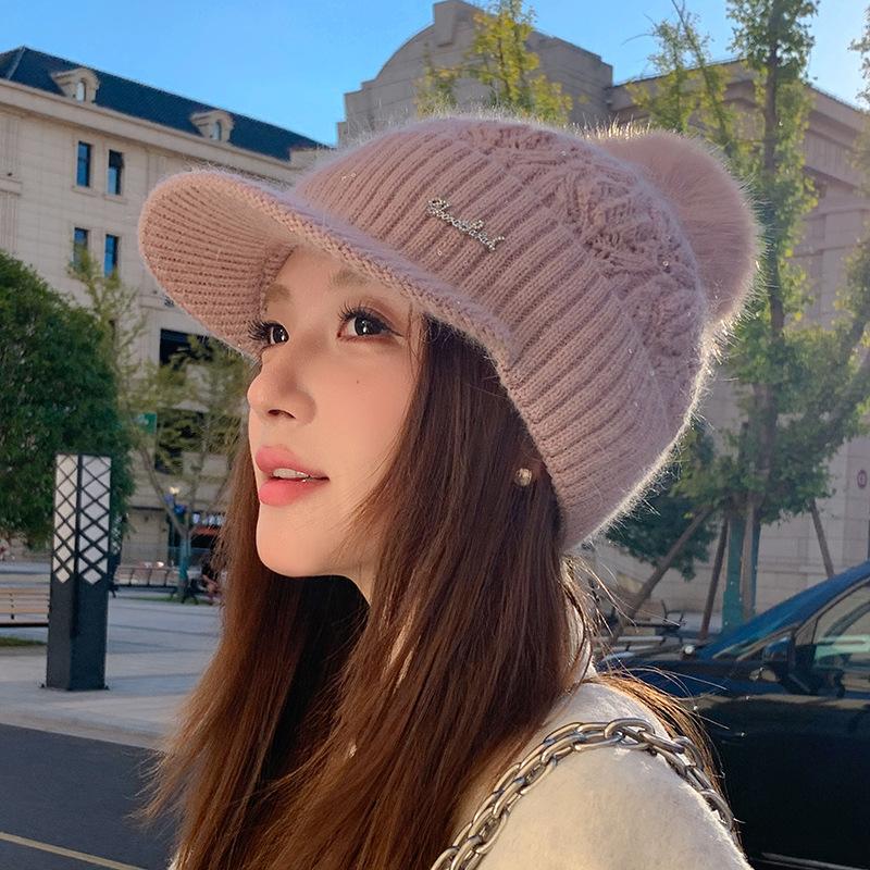 Winter New Duck Tongue Wool Hat Women's Thickened Warm Ear Protection Hairball Knitted Hat Cycling Cold Hat