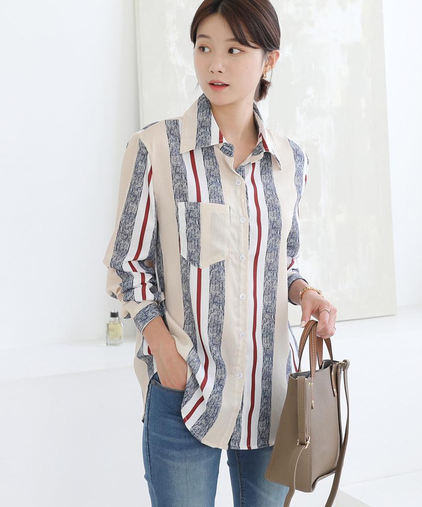 Ppaeppae Collared Unique Color-Blocked Stripe Blouse