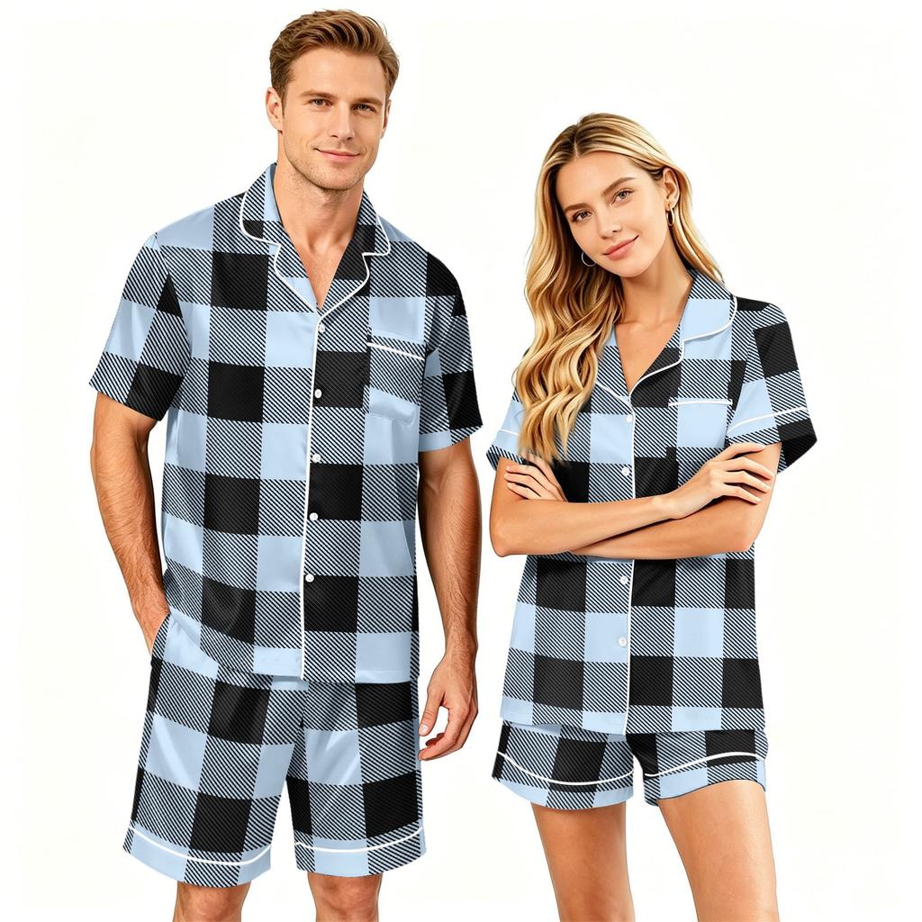 Couple Matching Pajama Set Short Sleeve Button Down Sleepwear Set with Shorts Soft Casual Loungewear S To XXXXL