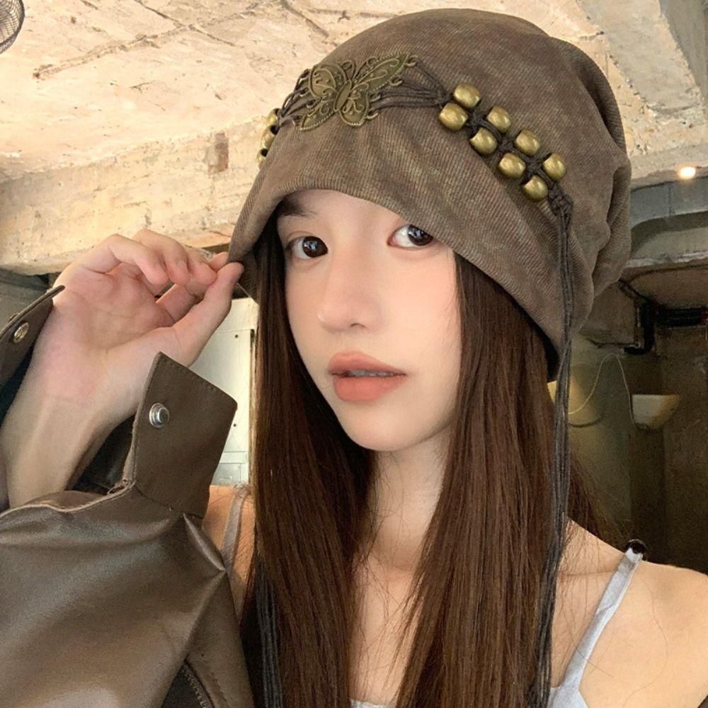Tassels Beaded Butterfly Hat Weave Knitted Tie-dye Hat Wasteland Pullover Cap  Apparel Accessories