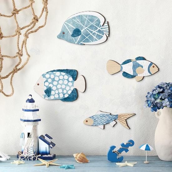 Wood Fish Wall Decor Rustic Coastal Beach Blue Fish Wall Art Nautical Wall Hanging Sculpture for Lake House Bathroom Bedroom Decor