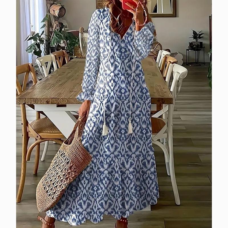 Elegante, lockere, bedruckte Freizeitkleider mit V-Ausschnitt für Damen, übergroßes langärmeliges Kleid für Damen, modisch, elegant, Vintage, Übergröße, Damenkleid 24220