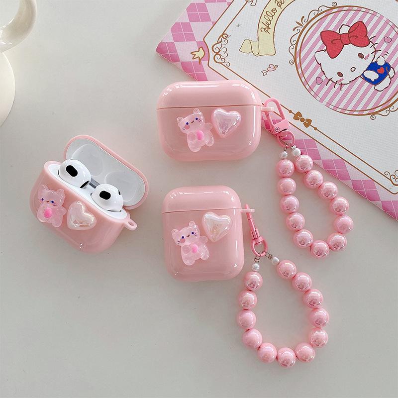 Apple Bluetooth Headset Cover For Airpods 1 /2/3 Generation Pro Pink Girl Love Cute Cat Lanyard