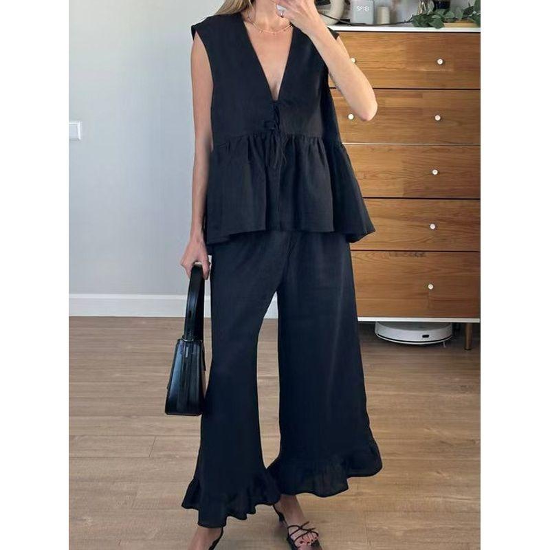 Fashion Wind New Arrival Fashion V-neck Lace-up Tops Vest Pants Two-piece Set V-Neck Vest Pants Set