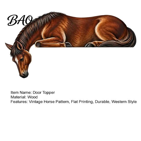 Rustic Home Ornaments Western Horse Wooden Door Topper Decor, 2D Printed Frame Vintage Interior Wood Craft Ornament, Top Shelf Decoration for