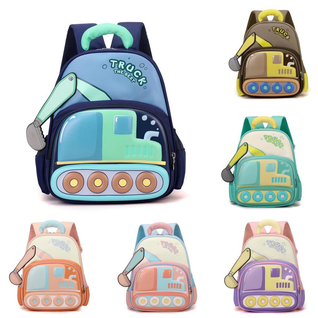 Backpack Cartoon Childrens With Excavator Design And Letter Print For Daily Use