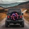 Tire Cover With A Cyberpunk Style Spider Design, Made Of Polyester Fiber, Featuring A Pink And Purple Neon Spider On A Black Cra