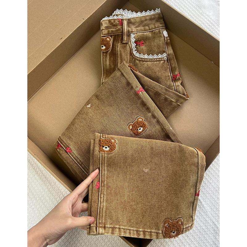 Lace Teddy Bear Embroidered Patchwork Design Wide Leg Jeans Spring High Waisted Fit Slimming Casual Jeans for Commuting