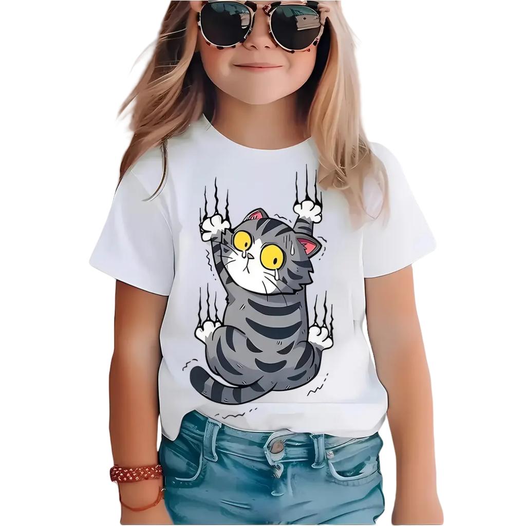 Tecknad Kattflicka T-shirt Kortärmad T-shirts Flickkläder Rundhalsad Topp Mode Juniorflickors Kläder Söta Utomhus Barn T-shirts