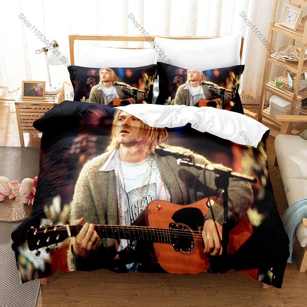 Rock Star Kurt Cobain Bedding Set, Duvet Cover & 2 Pillowcases, Classic Musician Pattern Breathable Fabric All Season Use