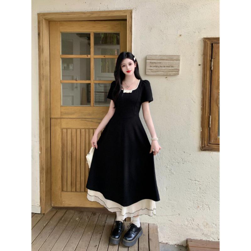 

Plus Size Square Neck Elegant Tea Dress, Waist-Cinched, Summer Slimming Long Skirt XL чорний