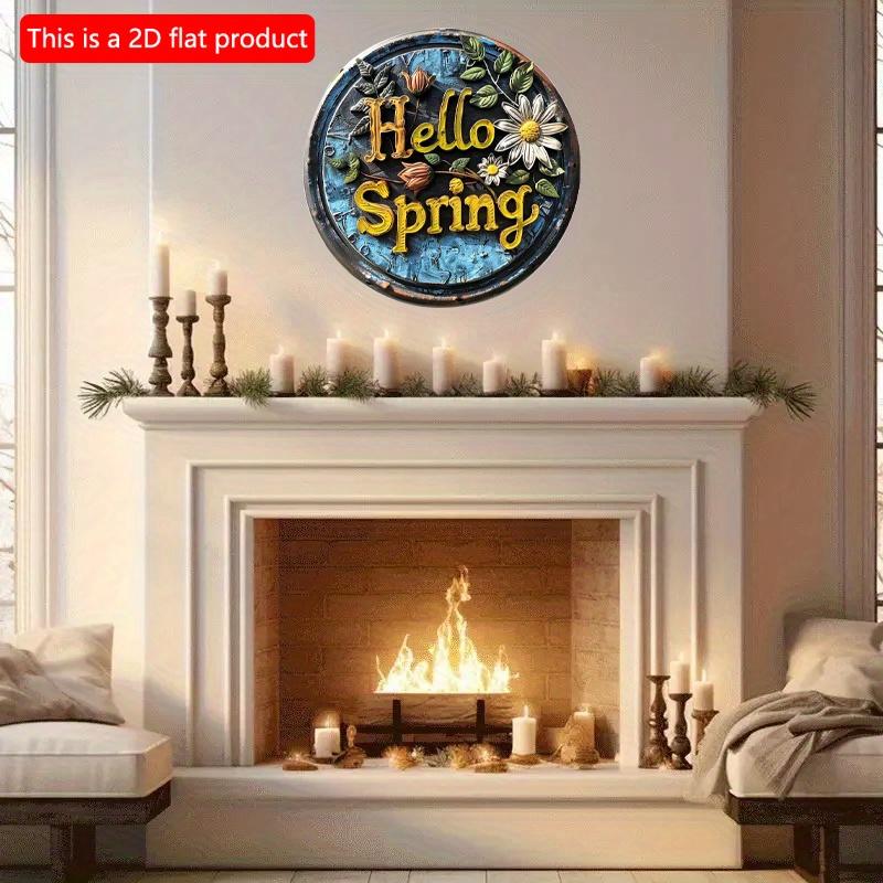 2d Flat 20*20cm Round Wooden "Hello Spring" Sign Art Painting Wreath Decorative, Entrance Decor Gift, Mask Theme, for Bar, Club, Home, Room Wall Decor