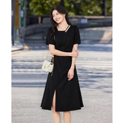 Shang Jing Women's Elegant Slit Waist Black Short-Sleeve A-Line Dress