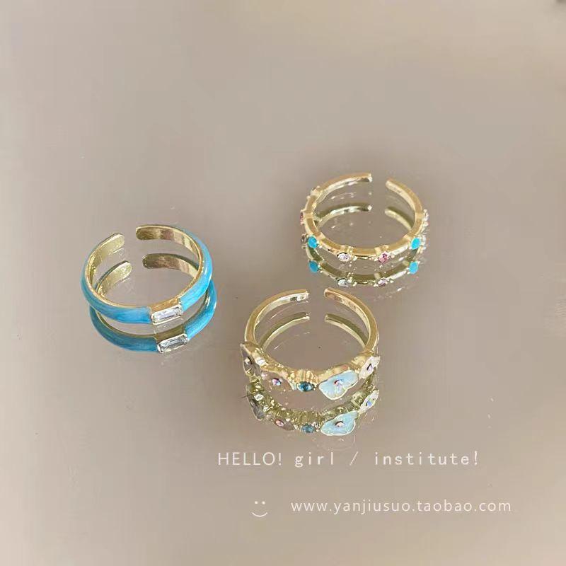 Super White Fritillary Enamel Blue Ring Women'S Niche Design Adjustable Index Finger Open Ring Light Luxury High-End Ring