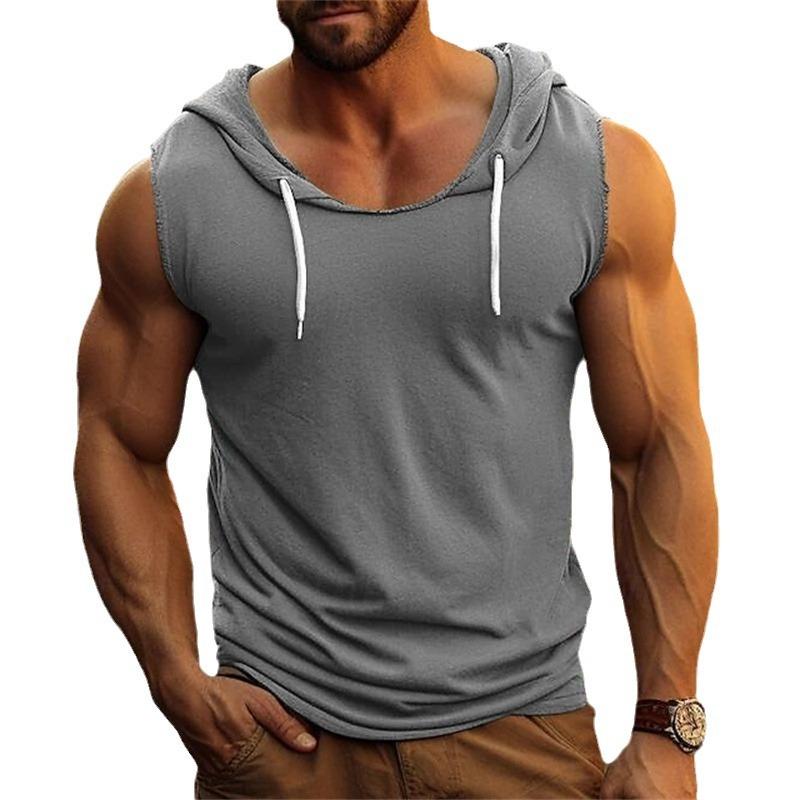Men's Sleeveless Fitness Sports Drawstring Solid Color Hooded Casual Vest Top