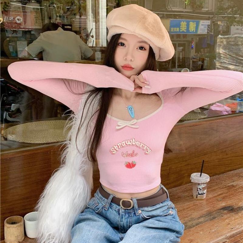 2KWEIRD Sweet Crop Tops Fashion Summer Tshirts for Women Long Sleeve Square Collar Print Tees Tunic Casual Y2k T Shirt