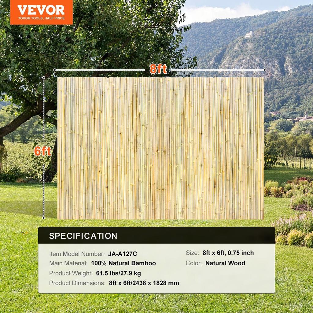 Natural Rolled Bamboo Fence Bamboo Panel 6 Ft H X 8 Ft L X 0.75 In D.
