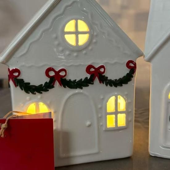 Christmas Mini Village House Figurine LED Lighted Winter Resin Town Cottage Tiny Desktop White House Ornament for Home Shelf Cabinet Table Decor