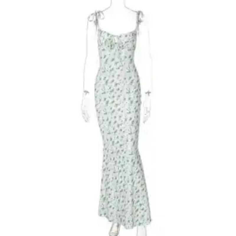 Women's White Blue Floral Print Spaghetti Strap Mermaid Maxi Dress