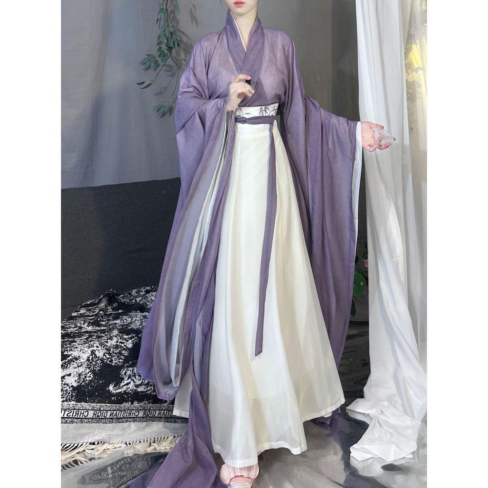 Denní dámský oblek čínské dynastie Wei a Jin ve stylu Hanfu s potiskem