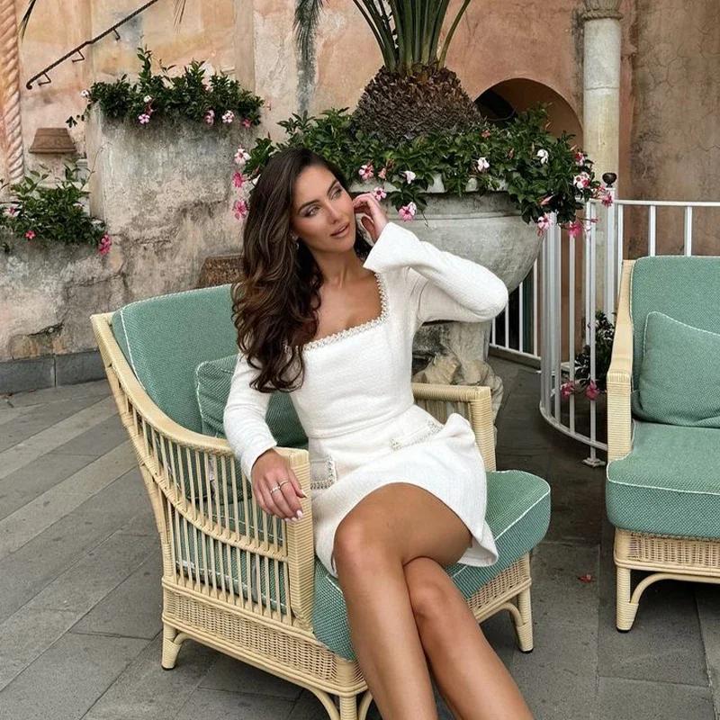Mini rochie elegantă pentru femei, toamnă, albă, mărgele de unghii, guler pătrat, cu mânecă lungă, rochii pentru femei, rochii subțiri la modă 2024