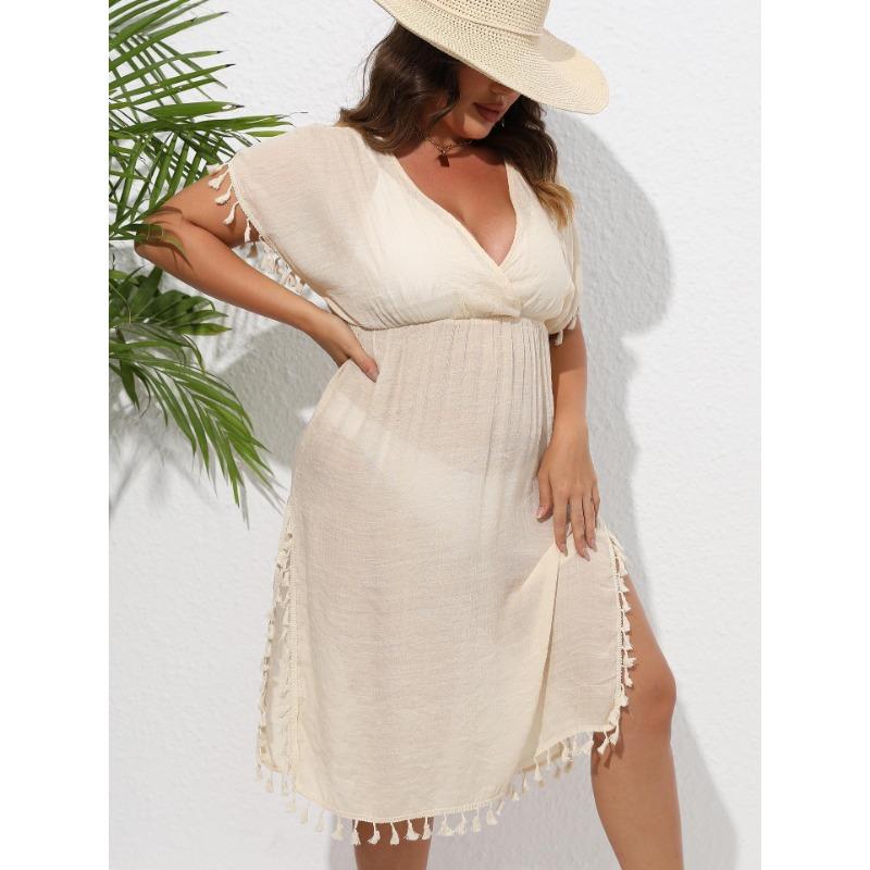 Plus Size Women's Beach Dress Holiday Bikini Cover-up Tassel Splicing Deep V Waist Dresses