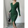 Womens V-Neck Long Sleeve Knit Midi Dress High Waist Fitted Sheath Winter Office Chic