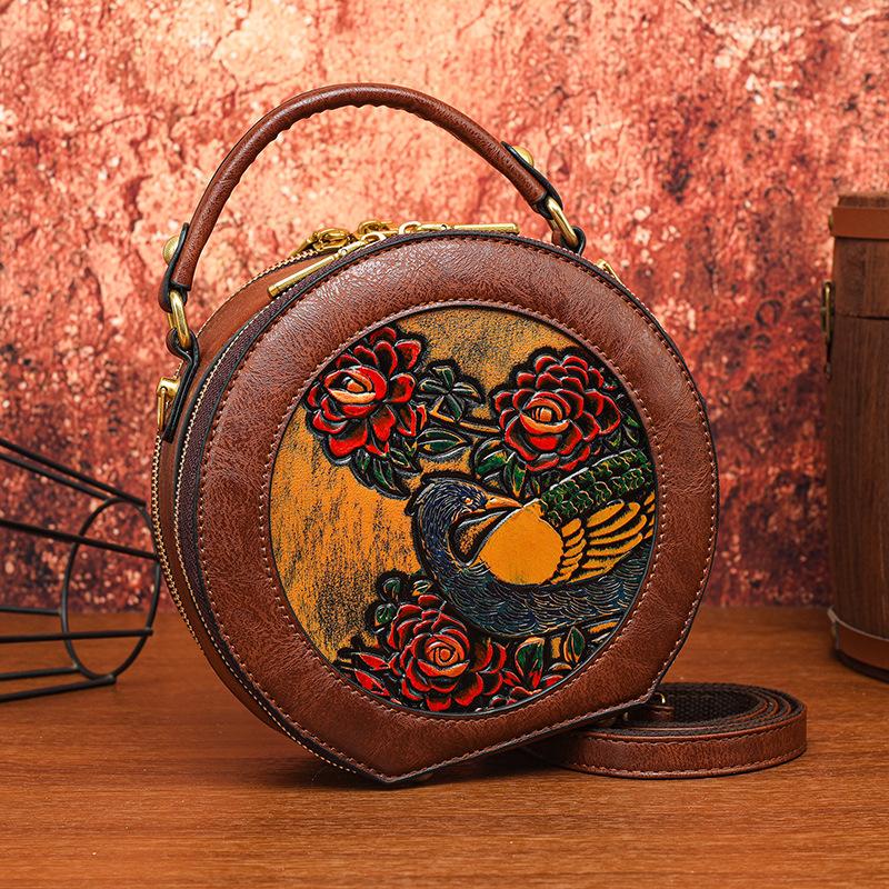 Ethnic Vintage Round Crossbody - Handmade Carved Flower Women's Shoulder Bag Minimalist Texture Commuter Large Capacity Tote Bag