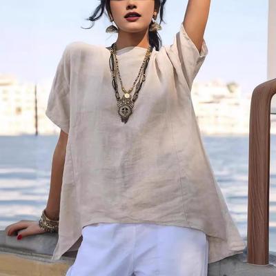 2024 Women's Spring/Summer Solid Color Cotton-Linen Loose Round Neck Shirt with Irregular Hem and Short Sleeves.