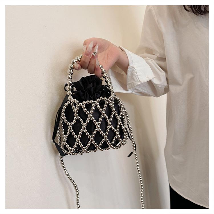 Handmade Beaded Pearl Bucket Phone Bag, Hollow Lace Design Crossbody Purse for Women, Elegant Mini Handbag