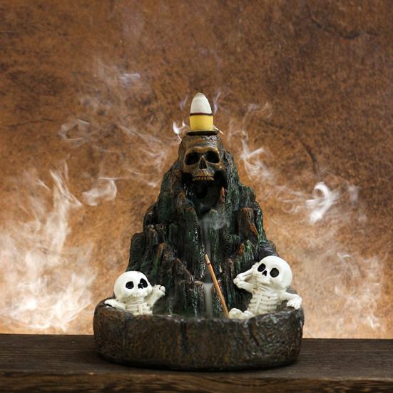 Halloween Skull Mountain Backflow Incense Burner Waterfall Incense Holder with 12 Incense Cones And Stick Resin Aromatherapy Holder for Gothic