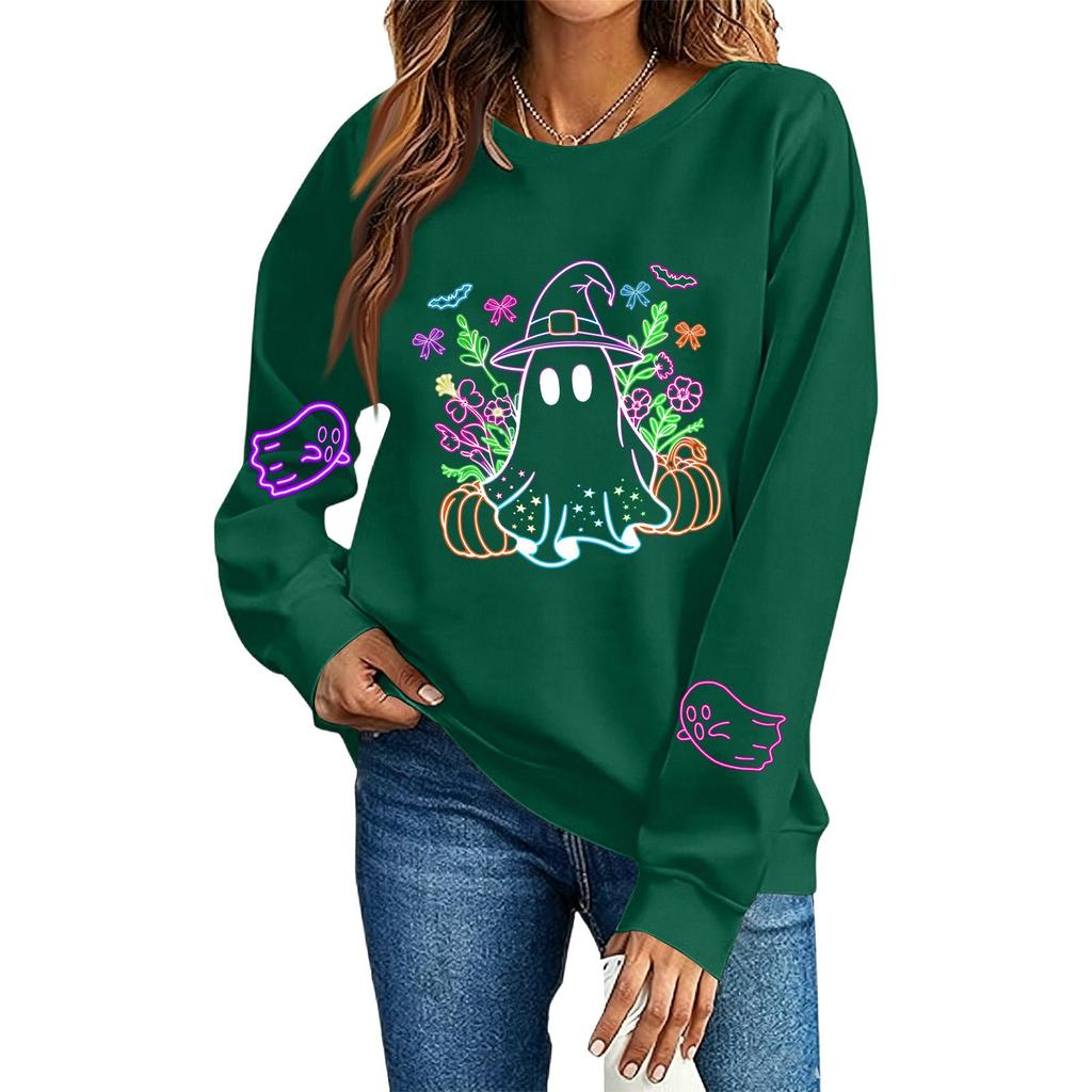 Women's Long Sleeve Halloween Print Neck Sweatshirt Top for Fall Festive Wear