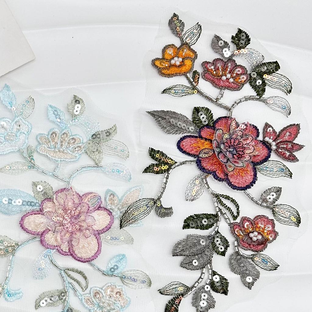 Exquisite Beaded Sequins Flower Embroidery Cloth Sticker Fashionable Three-Dimensional Flower Decoration Accessories Cheongsam Hanfu Lace Decal