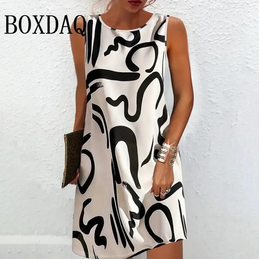Gradient Contrast Color Print Women's Elegant Loose Short Dress Fashion Women's Casual Daily Sleeveless Stripe Mini Dress Summer