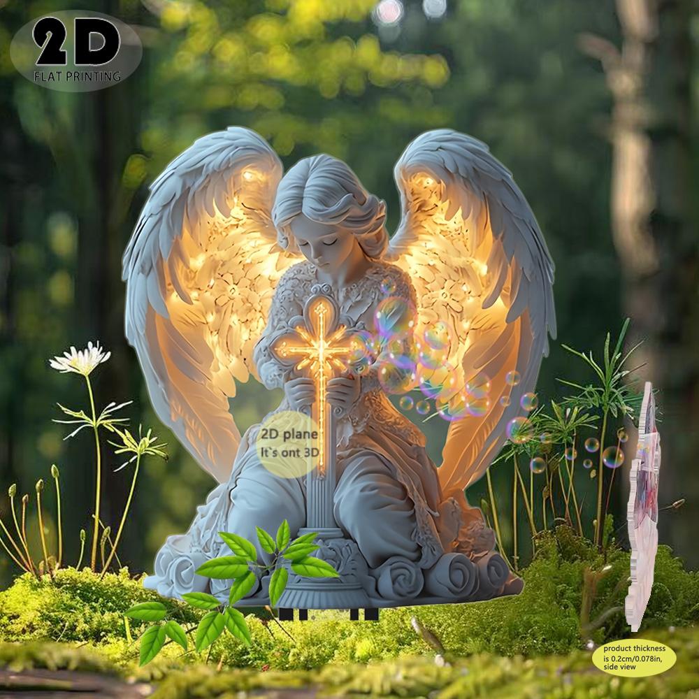 2D Angel Cross Garden Statue Religious Memorial Decor Durable Plastic Lawn Tombstone Mark Christmas Easter Thanksgiving Easy To Install