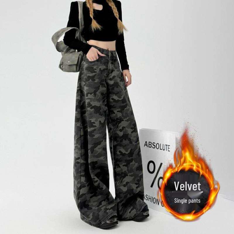 Women s Wide-Leg Camouflage Workwear Jeans with Plus Velvet Lining L