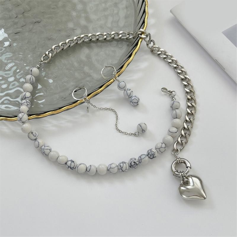 Retro Layer Earrings and Necklace With Bohemian Heart Pendant Pearls Choker And Cuban Chain Jewelry For Women Girls