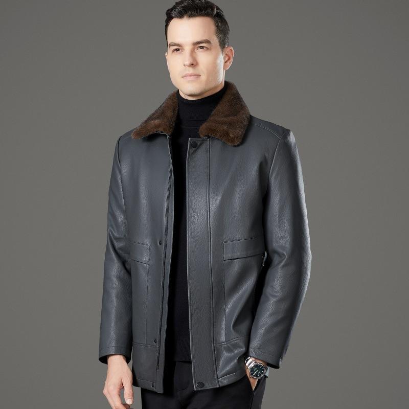 

Зимняя мужская куртка из натуральной кожи со съемной подкладкой из норкового бархата, воротником из меха норки средней длины с лацканами 195