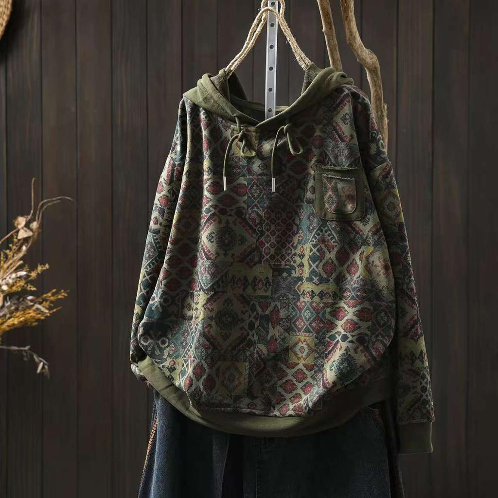 Johnature Damen Vintage Kapuzenpullover Strickpullover Print Floral Patchwork Taschen Herbst Gestrickt Lässig Weibliche Pullover