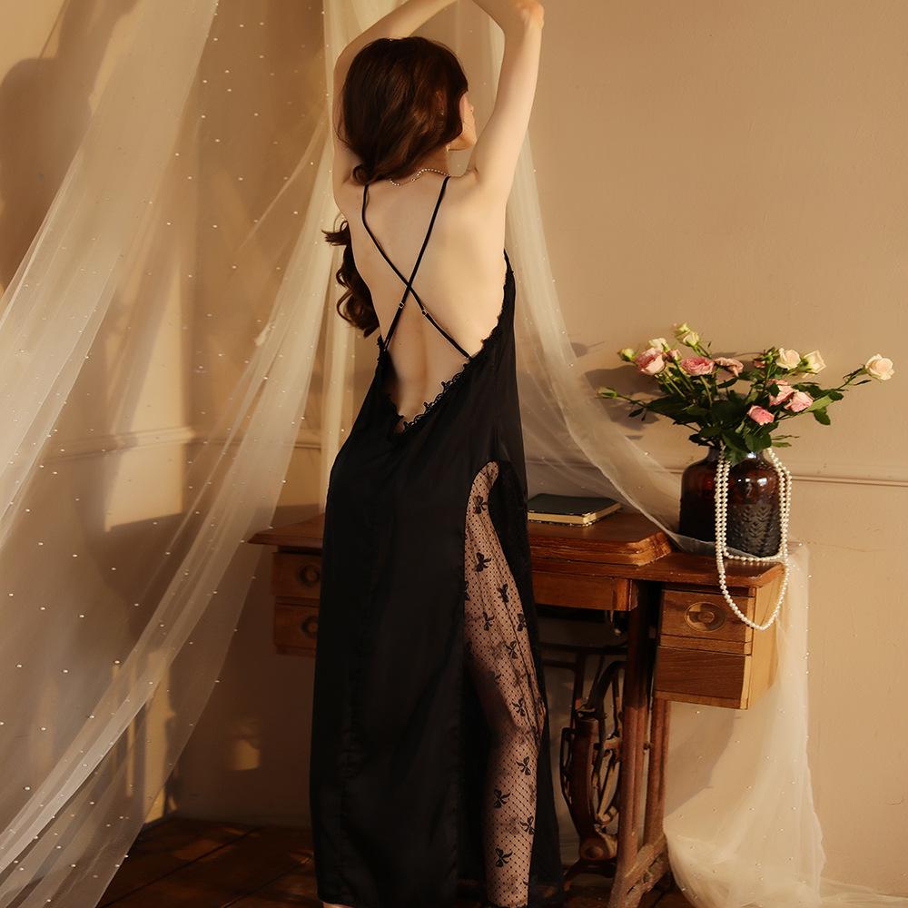 Fairy Style Elegant Lace Nightgown Deep V Built-in Bra Backless Crisscross Lace-Up Loungewear 420 Dreamy Supportive Sleepwear for Romantic Evenings