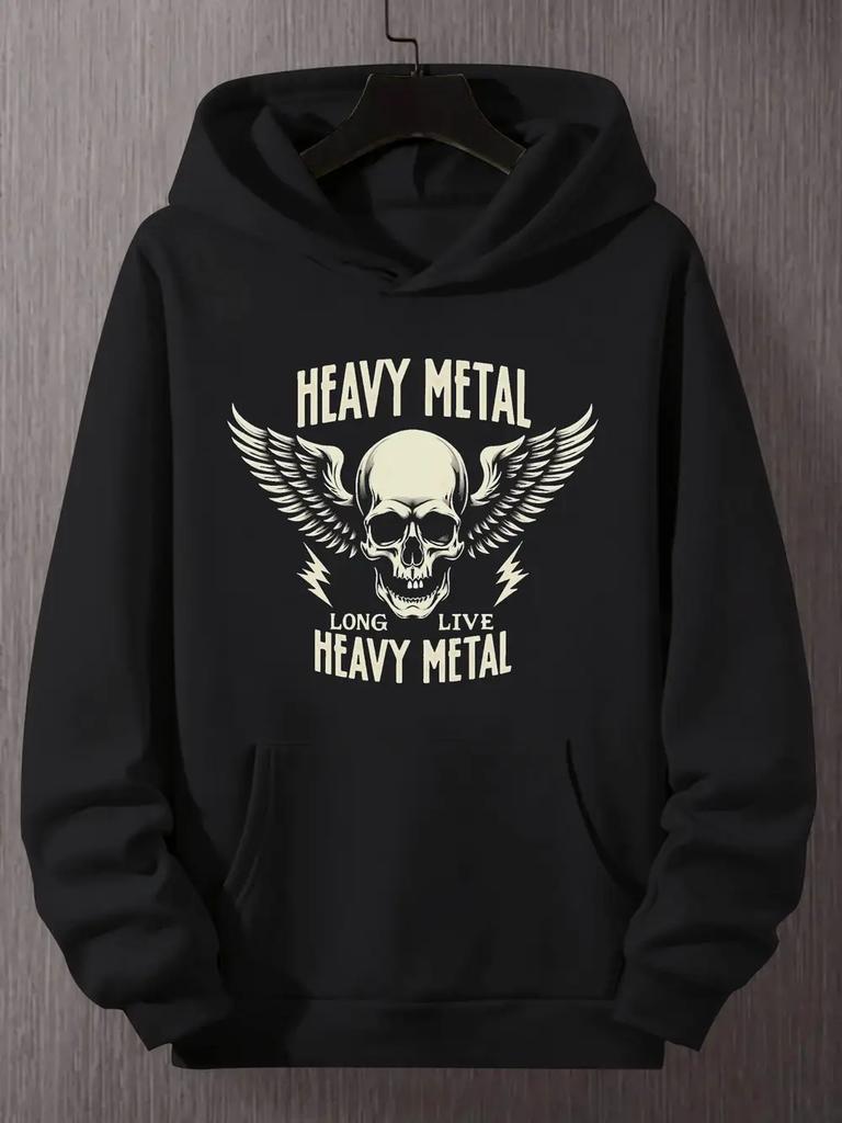 Plus Size Heavy Metal Graphic Hoodie - Wings & Skull Design with Lightning Bolts