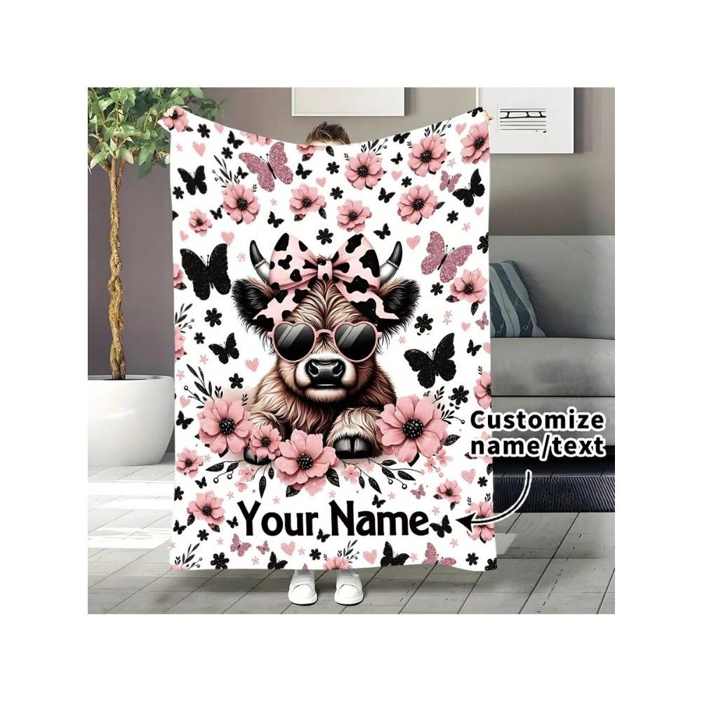 1PC Custom Name Blanket Personalized with Your Own Name Highland Cow Blanket All-Season Throw for Camping Naps & Home Use