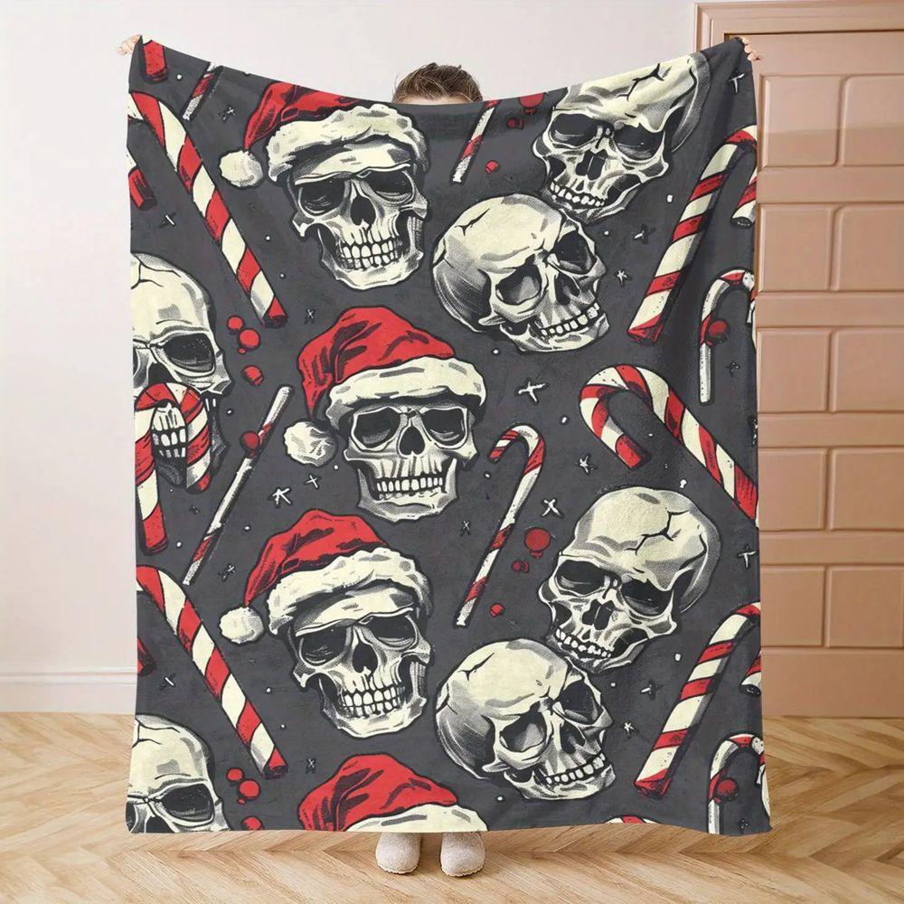 Gothic Skull Candy Cane Print Flannel Throw Blanket Soft Warm Bed Sofa Cover,Decorative Winter Holiday Fleece Rug for Home Bedroom Living Room